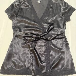 Fredericks Of Hollywood Black Satin Lace Wrap Blouse Petite Medium Sexy
Top